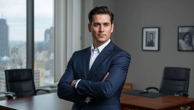 Confident executive standing with arms crossed in modern office overlooking city skyline