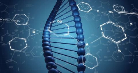 Dna strand and chemical formulas on blue background