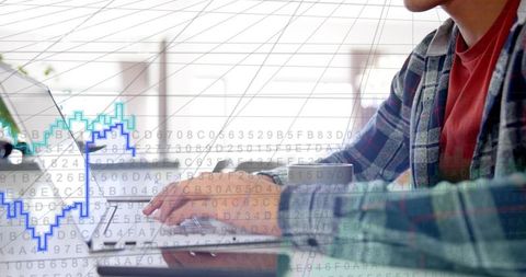 Man typing on laptop with code and line charts overlay for data analysis and dashboard