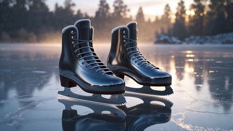 Glossy ice skates on frozen ice skating lake at dusk showing solitude