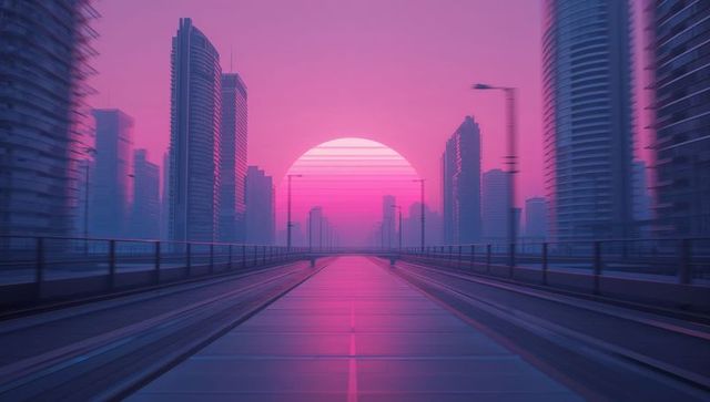 Futuristic Cityscape with Neon Roadway and Sun on Horizon
