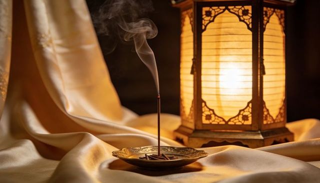 Golden lantern burning incense on silk satin with filigree dish for warm luxury still life