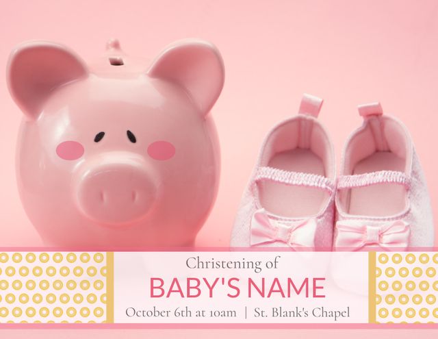 Christening Invitation with Pink Baby Shoes and Piggy Bank - Download Free Stock Templates Pikwizard.com