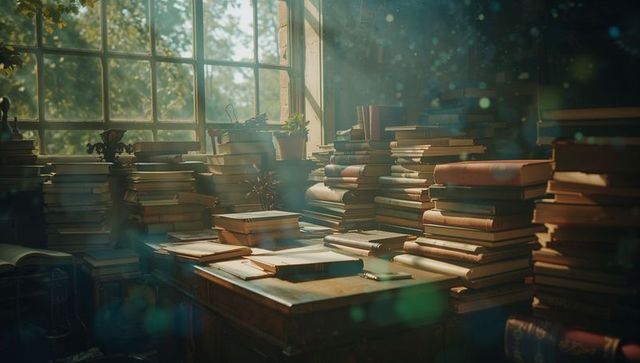 Rustic study desk covered with books and natural light