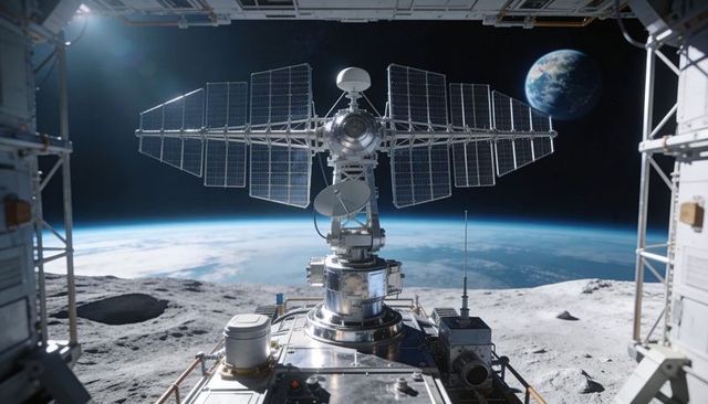 Scanning Sensor Array Rotating on Lunar Outpost Deck with Solar Array and Parabolic Dish