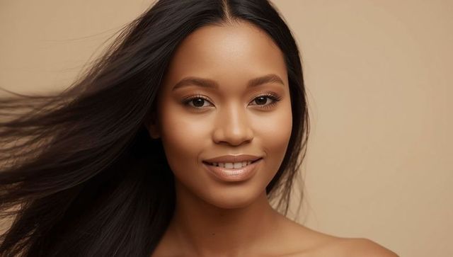 Elegant woman smiling with flowing hair in studio portrait
