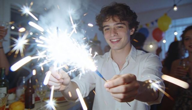 Smiling young man holding sparklers at lively indoor celebration with balloons and drinks