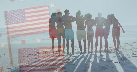 Friends in Swimwear on Beach with American Flag Overlay