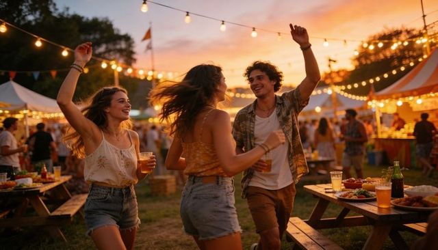 Dancing friends at sunset festival with string lights, picnic tables, warm golden light