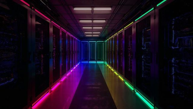 Neon-Lit Data Center Corridor Showcasing Digital Innovation