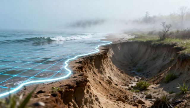 Drone mapping coastal erosion with neon grid overlay shoreline retreat and cliff scarp