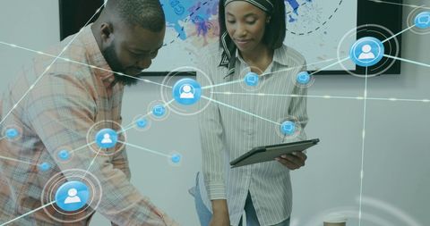 Diverse Professionals Collaborating with Digital Connections Overlay