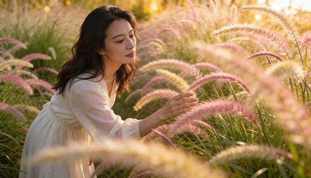 Asian woman wearing white flowing dress touching pink fountain grass backlit golden hour