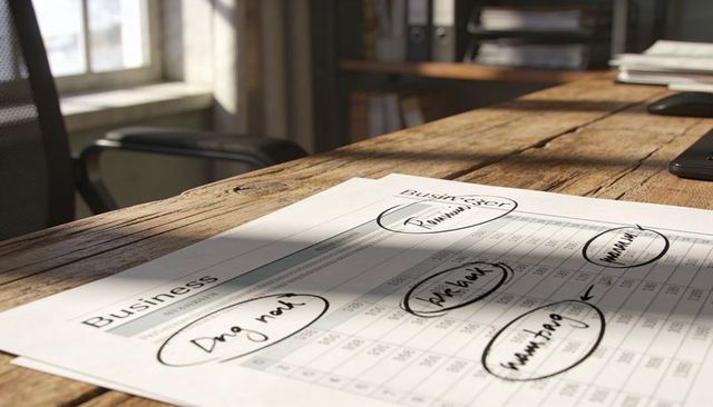 Sunlight streaming over business planner with handwritten annotations on rustic wooden desk