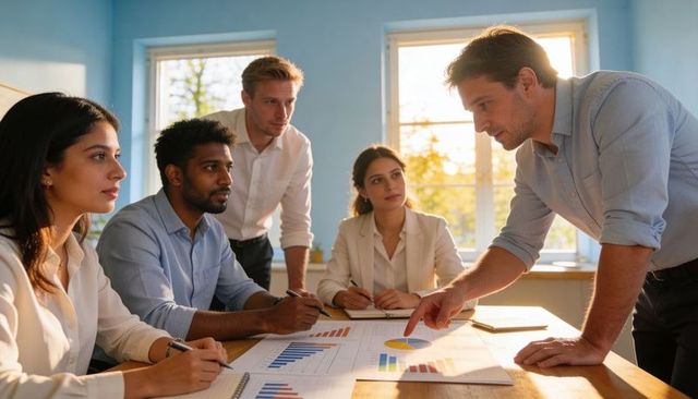 Manager Presenting Data While Diverse Team Analyzing Charts and Planning Strategy