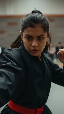 Female martial artist practicing throw and guard technique in dojo, focused athlete