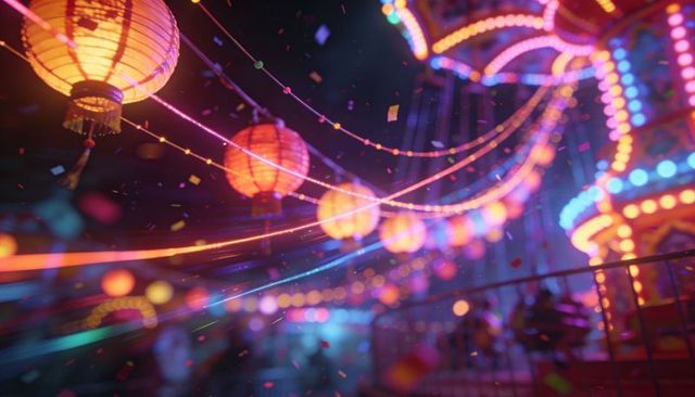 Glowing orange paper lanterns and neon carousel lights at night festival with confetti