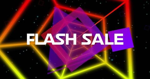 Neon flash sale banner featuring glowing geometric tunnel and bold magenta square