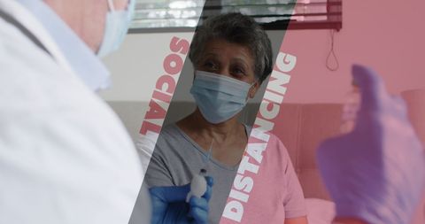 senior woman wearing face mask receiving covid-19 vaccination from healthcare professional. represents safety and precaution during pandemic, emphasizing social distancing. useful for articles and campaigns on elderly healthcare, vaccination programs, and covid-19 safety guidelines.