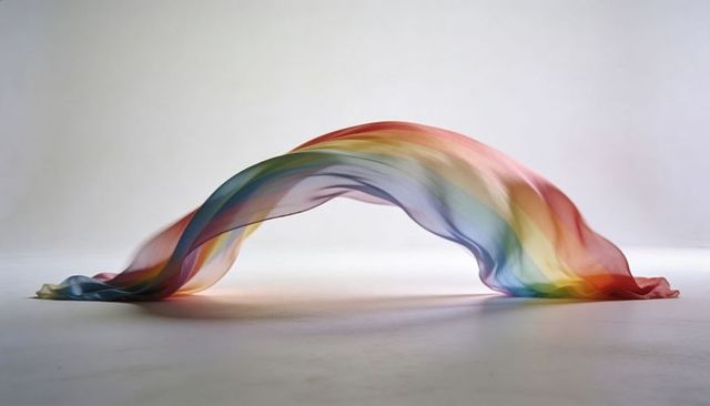 Levitating sheer rainbow fabric forming graceful arch with soft shadow on minimal floor