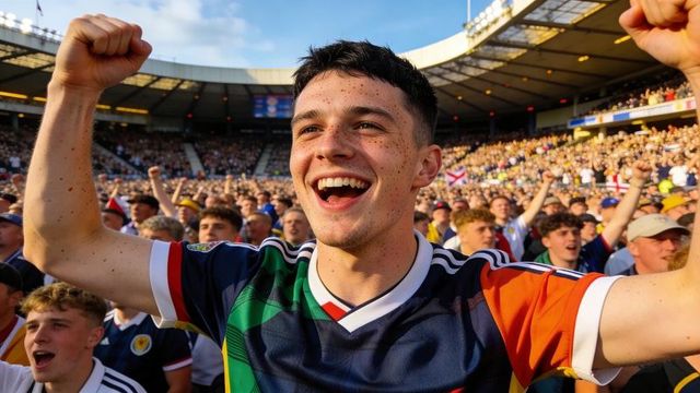 Young fan cheering and pumping fists in sunlit stadium crowd during football celebration