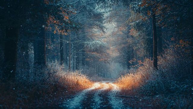 Serene Snow-Covered Forest Path with Gentle Sunlight