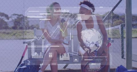 Tennis Players Discussing Strategies with Digital Interface Overlay