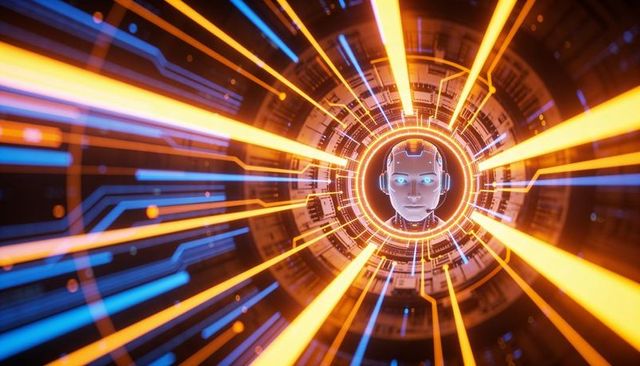 Rotating cybernetic head emitting neon data beams inside futuristic circuit core with neon rings