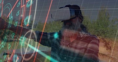 Senior Man Using VR Headset with Futuristic Interface Overlay