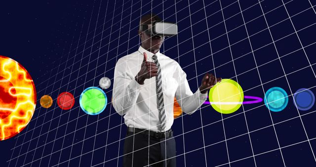 African American man in white shirt and tie using a VR headset, interacting with floating planets. Ideal for technology promotions, educational content, and futuristic concepts. Can be used in articles related to virtual reality, space exploration, and innovative technology.
