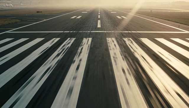 Sunlit runway featuring worn touchdown zone stripes and heavy rubber skid marks