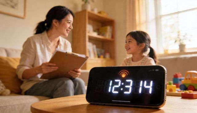 Smartphone clock on coffee table while mother talking with daughter during home learning