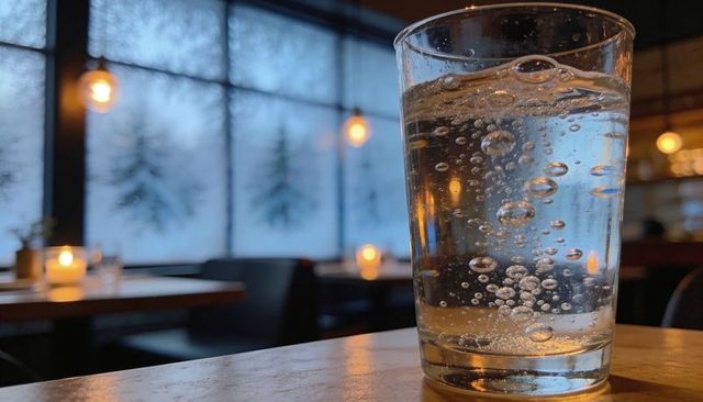 Sparkling water glass with rising bubbles on wooden table in cozy candlelit cafe ambience