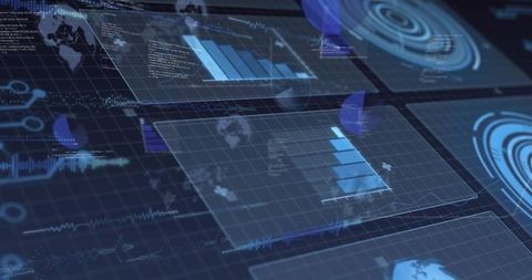 Futuristic holographic 3d data dashboard displaying translucent analytics panels