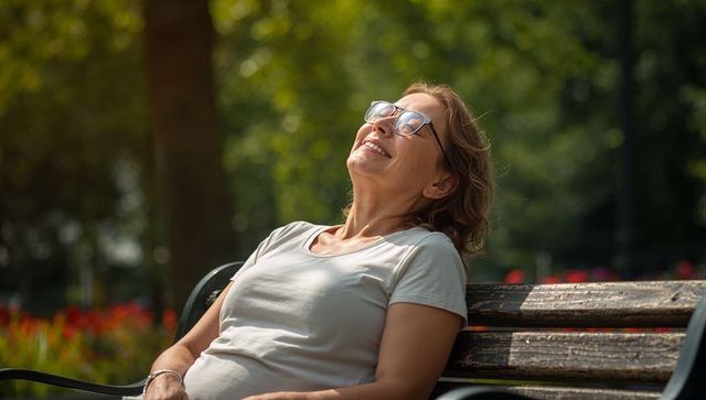 Middle-aged woman relaxing on park bench soaking up sunshine and smiling contently