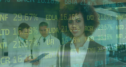 Smiling Doctor with Financial Data Overlay