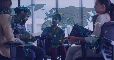 Global data visualization team collaborating in modern glass office with wheelchair