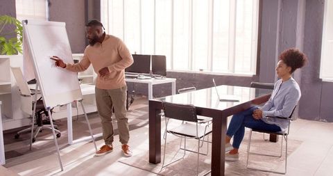 Businessman Presenting Ideas on Whiteboard in Modern Office