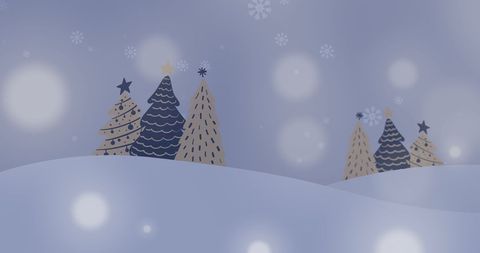 Minimalist winter landscape with christmas trees and snowflakes