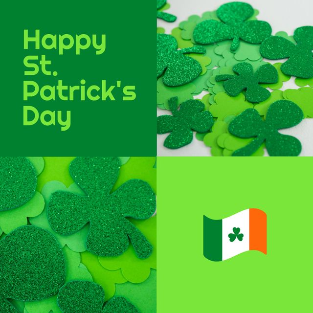 Image of st patrick's day text, shamrock and irish flag on green background. St patrick's day, irish tradition and celebration concept digitally generated image.