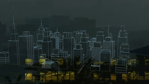 Digital Skyline Installation with Futuristic Energy Theme