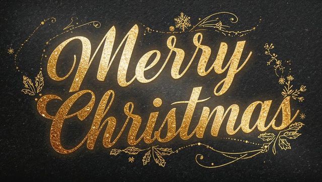 Glittering gold merry christmas script with ornate flourishes on dark chalkboard background