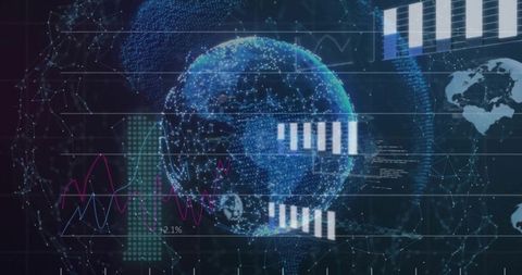 Rotating 3D Digital Earth Hologram with Data Visualization, Network Analytics and Charts