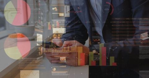 Businessman Analyzing Data on Smartphone with Digital Charts Overlay