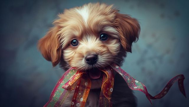 Cute light brown puppy holding glitter ribbon playfully in studio