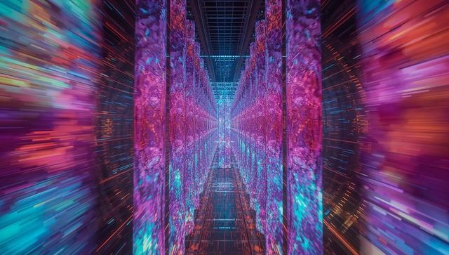 Neon data corridor with converging holographic panels in futuristic server tunnel vista
