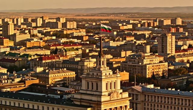 Golden hour skyline with bulgarian flag flying above historic central government building