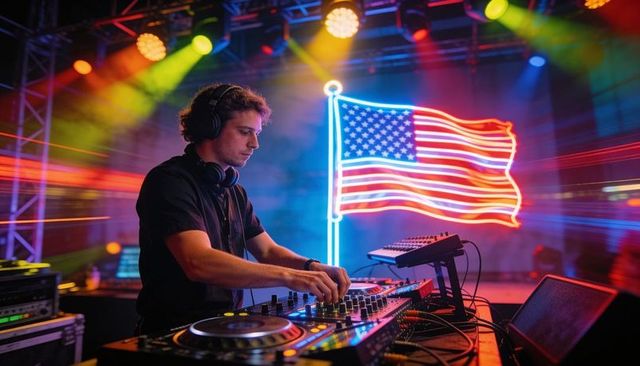 Dj mixing live under neon american flag and colorful stage lighting for nightclub events