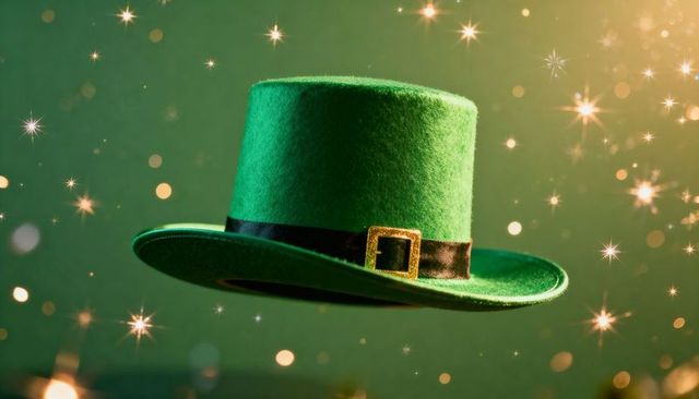 Floating green leprechaun hat with gold buckle and sparkling bokeh glow