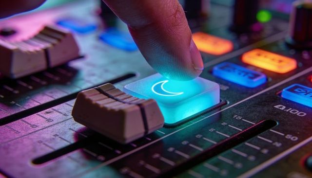 Fingertip pressing illuminated crescent button on audio mixer console with faders